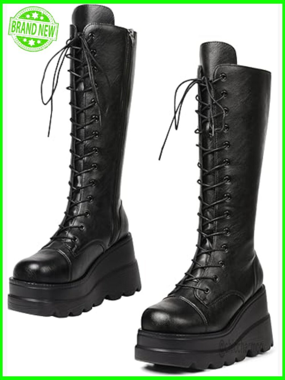 Mid Calf Wedge Platform Combat Boots Chunky Heel Punk Zip